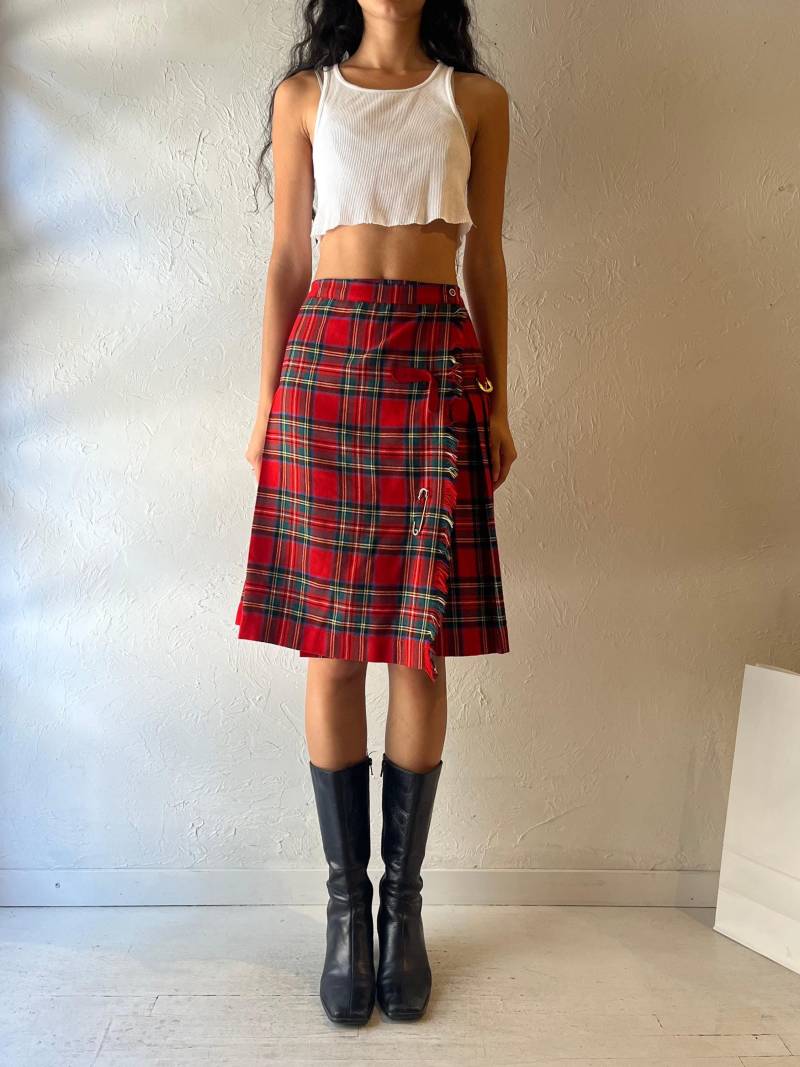 Vintage Roter Plissee Karierter Wollstrick Rock/Small von TheWildHoneyShop