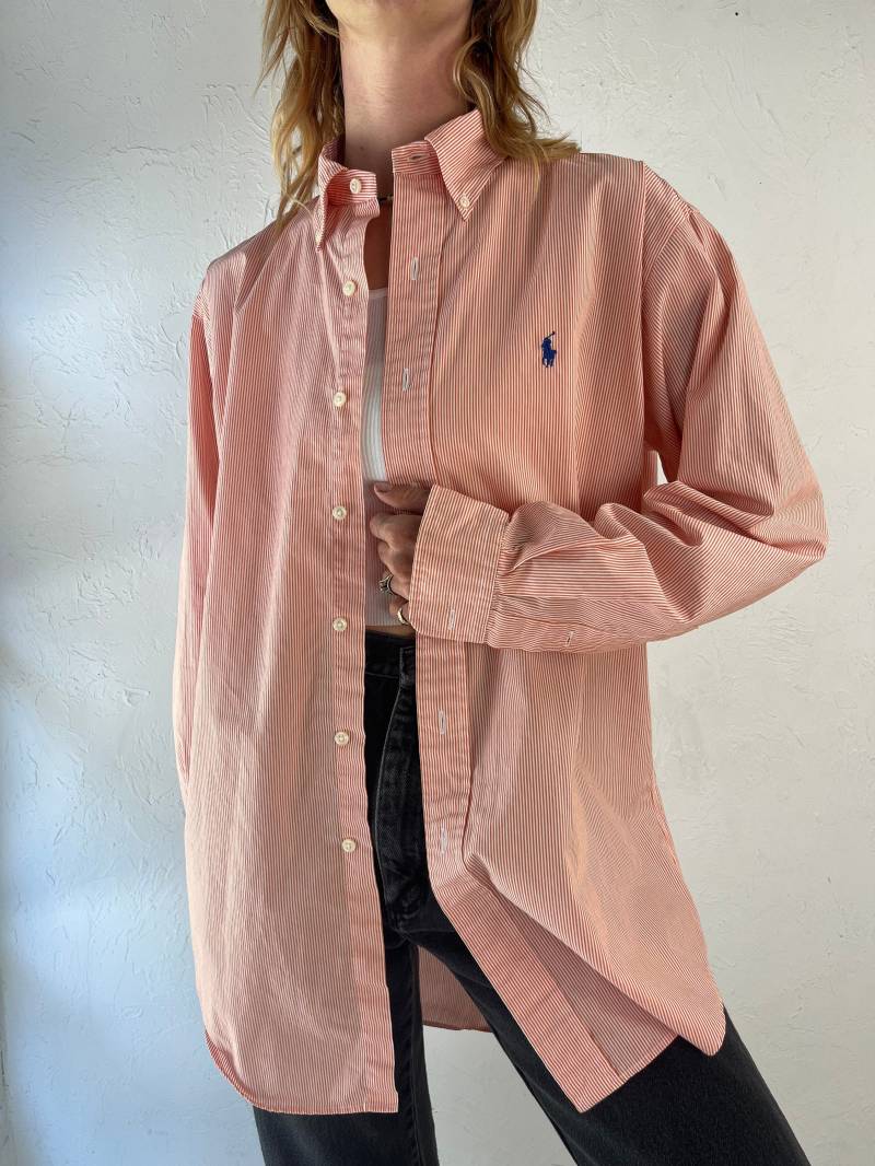 Y2K "Ralph Lauren' Pink Gestreiftes Herrenhemd Aus Baumwolle Mit Knöpfen/Large von TheWildHoneyShop