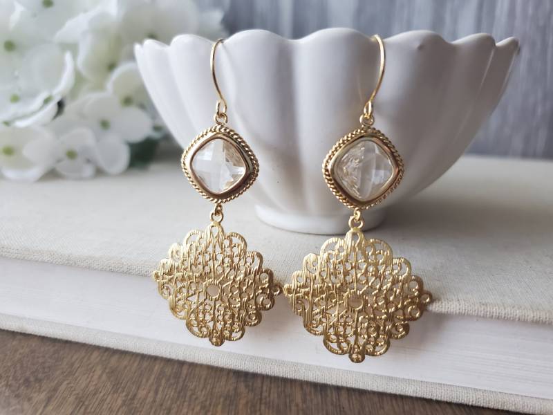 Gold Filigrane Ohrringe Mit Klarem Facettierten Glas von TheWildPoppyjewelco