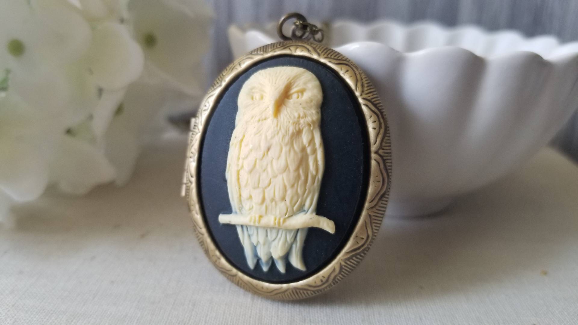 Schwarz Und Elfenbein Eule Cameo Locket in Bronze Schwarz Und Elfenbein Eule Cameo Locket in Bronze von TheWildPoppyjewelco