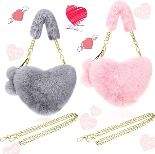 2 Stück Valentinstag pelzige Geldbörse in Herzform Frauen weich flauschig Kunstfell Handtasche für Mädchen Geschenk Weihnachten, Rosa, Grau, Retro-Stil von Theaque