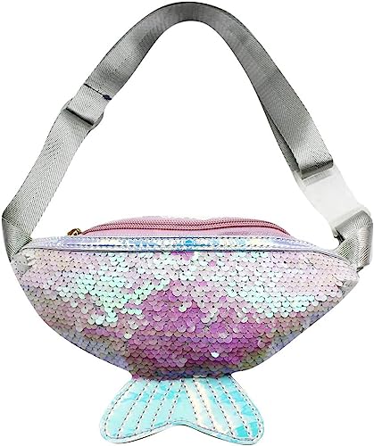 Glitzernde Pailletten-Bauchtasche für Kinder, Mädchen, glitzernd, holografischer Meerjungfrauenschwanz, Hüfttasche, Crossbody-Tasche, weiß, Klassisch von Theaque