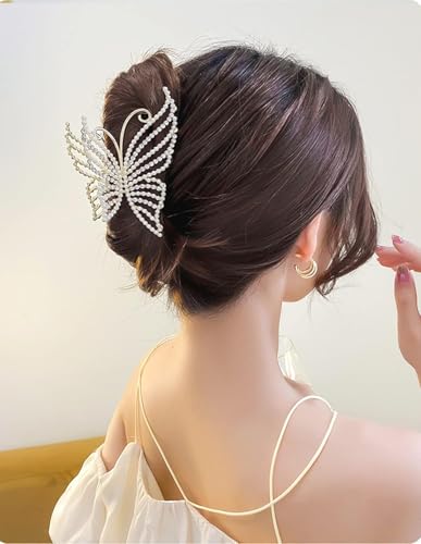 Haarspangen aus Metall, mit Schmetterlings-Motiv, glitzernd, Strass, starker Halt, Styling für Frauen und Mädchen, dünneres dickes Haarstyling (Schmetterling-Perle) von Theaque
