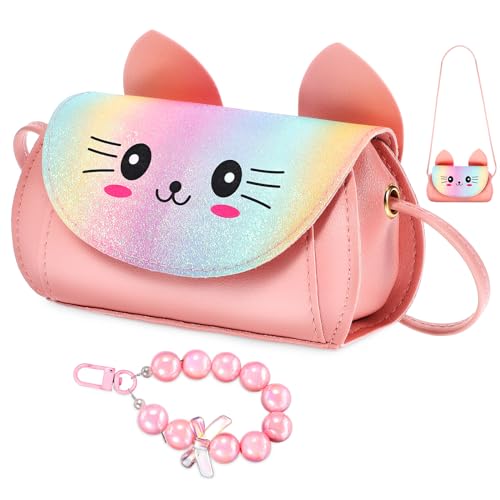 Katzen-Geldbörse, Katzen-Geldbörse, Mädchen, Kleinkind, Geldbörse, Katze, Crossbody-Tasche, niedliche kleine Geldbörse mit Perlenanhänger, rose von Theaque