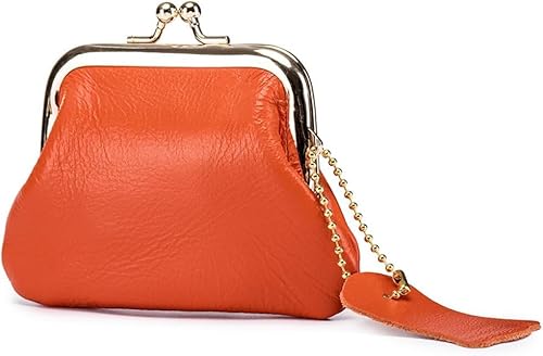 Münzgeldbörse für Mädchen und Frauen, echtes Leder, niedlicher Mini-Kussverschluss, Metallrahmen, Kleingeldtasche, Orange, Klassisch von Theaque