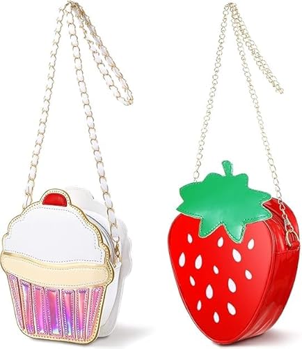 Theaque 2 Stück Mädchen Geldbörse Tasche Kawaii Essen Obst Geldbörse Kette PU Handy Schulter Geldbörse Crossbody Handtasche für Frauen, Cupcake, Erdbeere, one size von Theaque