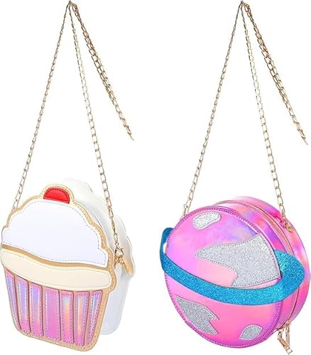 Theaque 2 Stück Mädchen Geldbörse Tasche Kawaii Essen Obst Geldbörse Kette PU Handy Schulter Geldbörse Crossbody Handtasche für Frauen, Planet, Cupcake, one size von Theaque