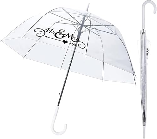Theaque 2 Stück Mr and Mrs transparenter Regenschirm, Hochzeit, Stab, Kuppel, automatisches Öffnen, Hochzeitsschirm für Erwachsene, weiß, Klassisch von Theaque