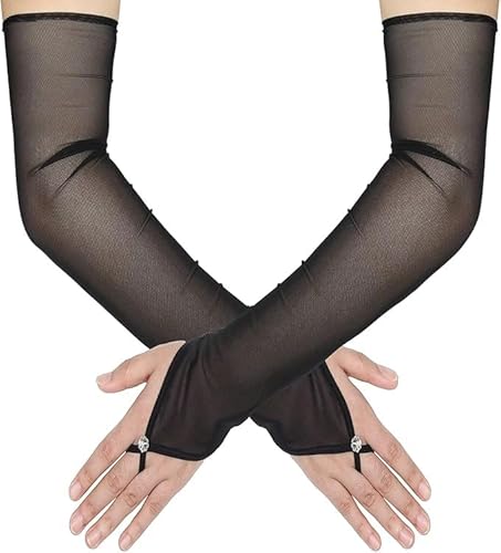 Theaque Damen Lange fingerlose durchsichtige Handschuhe Tüll Mesh Handschuhe für Hochzeit Braut Oper Party Halloween Kostüm, Schwarz , Einheitsgröße von Theaque