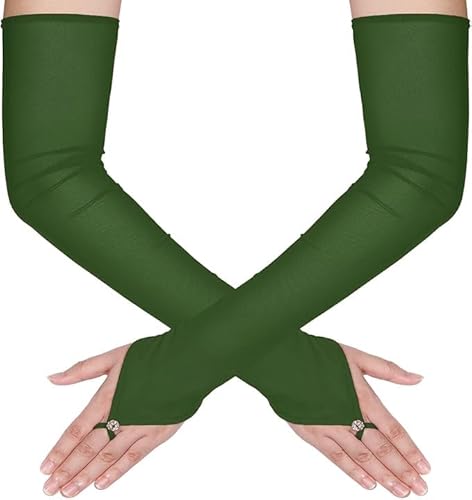 Theaque Damen Lange fingerlose durchsichtige Handschuhe Tüll Mesh Handschuhe für Hochzeit Braut Oper Party Halloween Kostüm, dunkelgrün, Einheitsgröße von Theaque