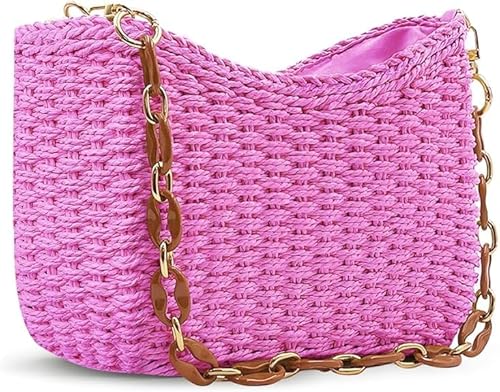 Theaque Schultertasche aus Stroh, gewebt, für Damen, Sommer, Strand, Reisen, Crossbody-Tasche, klassische Umhängetasche, rose, as shown von Theaque