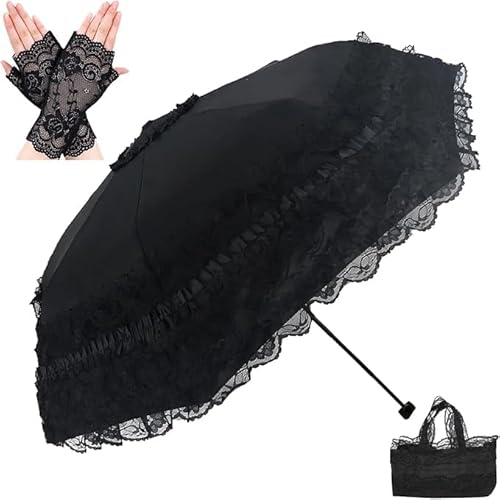 Theaque Vintage Spitze Sonnenschirm Gothic Lolita Regenschirm zum Spazierengehen UV Sonnenschutz Hochzeit Dekoration Cosplay Fotoshooting Requisiten, Schwarz1-Upgrade von Theaque
