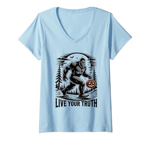 Damen Gruseliges Halloween Bigfoot Live Your Truth Inspiring Cryptid T-Shirt mit V-Ausschnitt Damen Gruseliges Halloween Bigfoot Live Your Truth Inspiring Cryptid T-Shirt mit V-Ausschnitt von Theater Of Oneness - Halloween