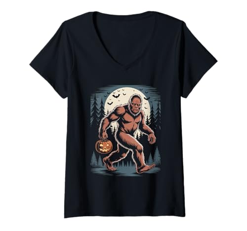 Damen Gruseliges Halloween Cool Bigfoot mit Kürbis Cryptid Humor T-Shirt mit V-Ausschnitt Damen Gruseliges Halloween Cool Bigfoot mit Kürbis Cryptid Humor T-Shirt mit V-Ausschnitt von Theater Of Oneness - Halloween