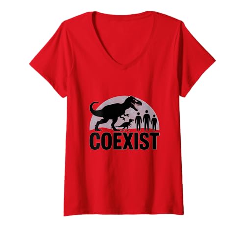 Damen Coexist | Lustiger Dinosaurier & menschlicher Halloween-Reptilien-Humor T-Shirt mit V-Ausschnitt von Theater Of Oneness