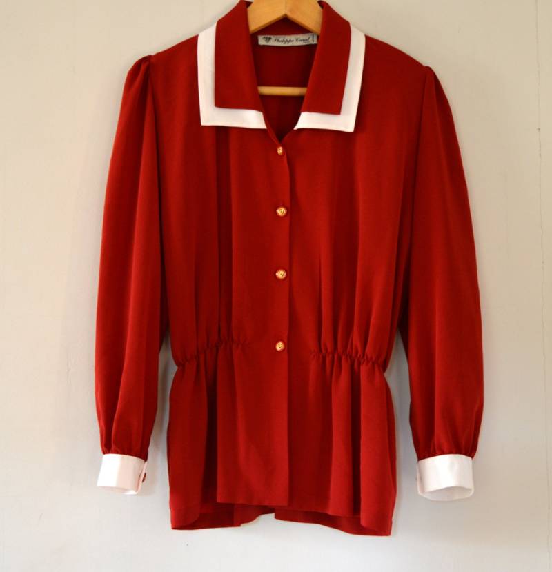Vintage 80Er Jahre Rote Langarm Bluse Minimal Chic Button Up Shirt Damen Oversize von Thebestvests