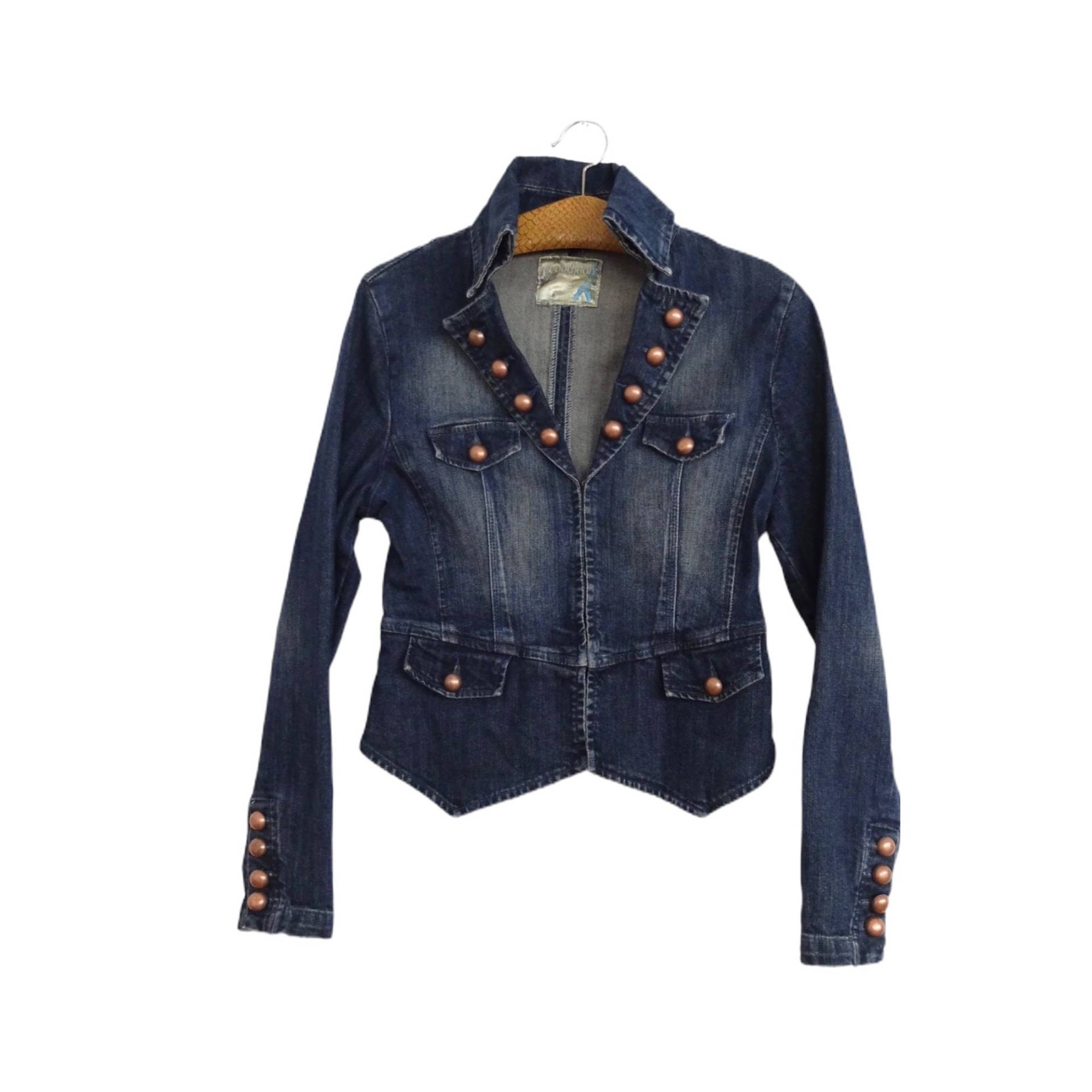 Vintage 00Er Y2K Chic Avant-Garde Feminin Nietend Dark Wash Jean Jacke Mit Haken & Loopverschlüssen | Damen Größe S von TheeCultivator