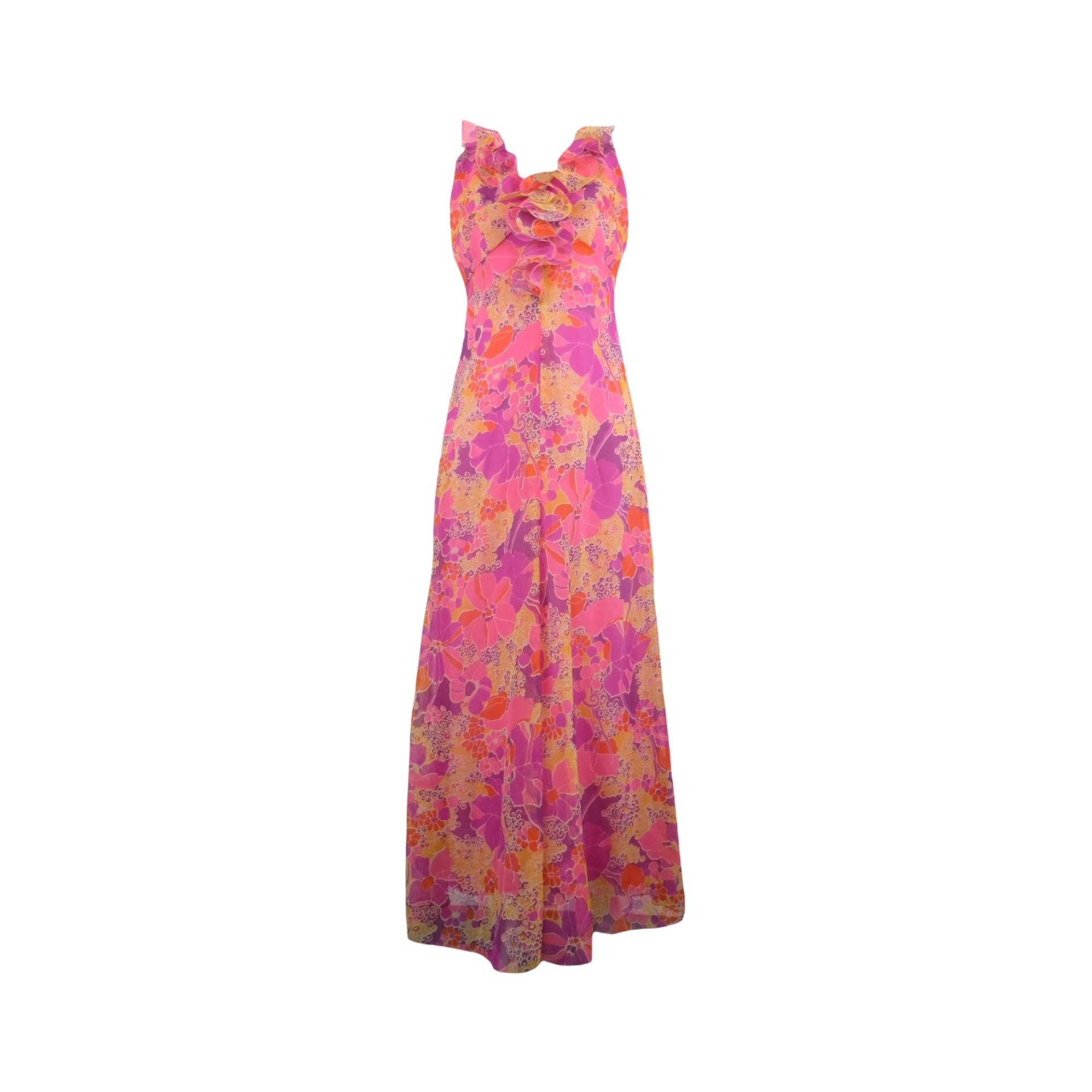 Vintage 60Er Mod Psychedelisch Hippie Hellrosa & Lila Abstrakt Floral Print Rüschen Ärmellos Tank Circle Bodenlänge Maxi Kleid von TheeCultivator