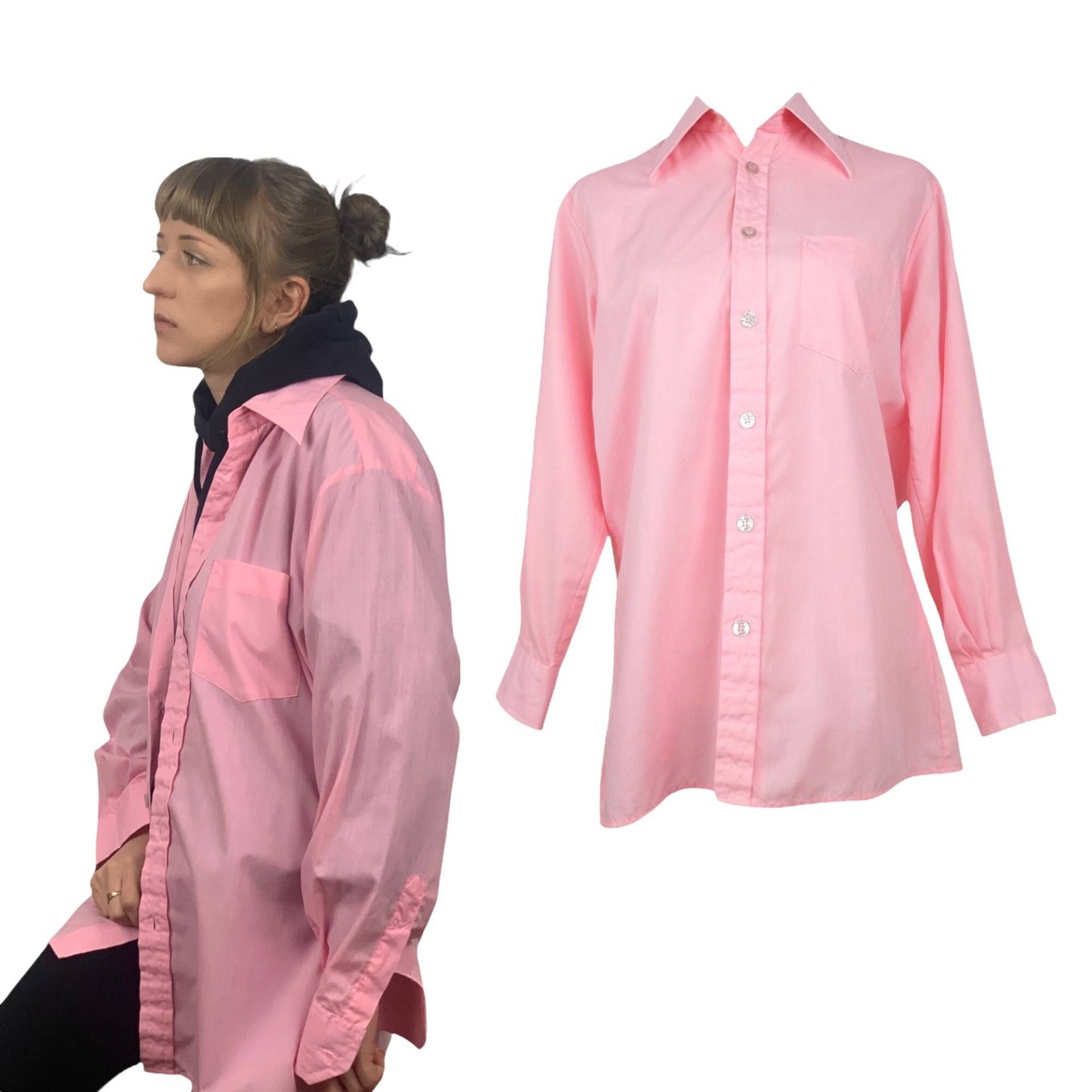 Vintage 70Er Mod Pastell Baby Pink Spitze Dolch Kragen Langarm Button Up Baumwolle Blend Disco Shirt | Damen Größe M-L von TheeCultivator