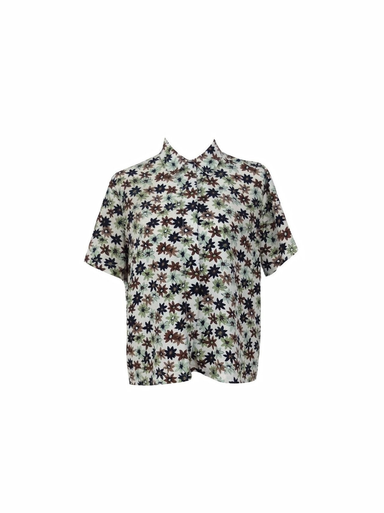 Vintage 90Er Boho Floral Print Braun & Grün Kragen Halbarm Button Up Hawaii Hemd | Damengröße Extra Klein-Klein Vintage 90Er Boho Floral Print Braun & Grün Kragen Halbarm Button Up Hawaii Hemd | Damengröße Extra Klein-Klein von TheeCultivator
