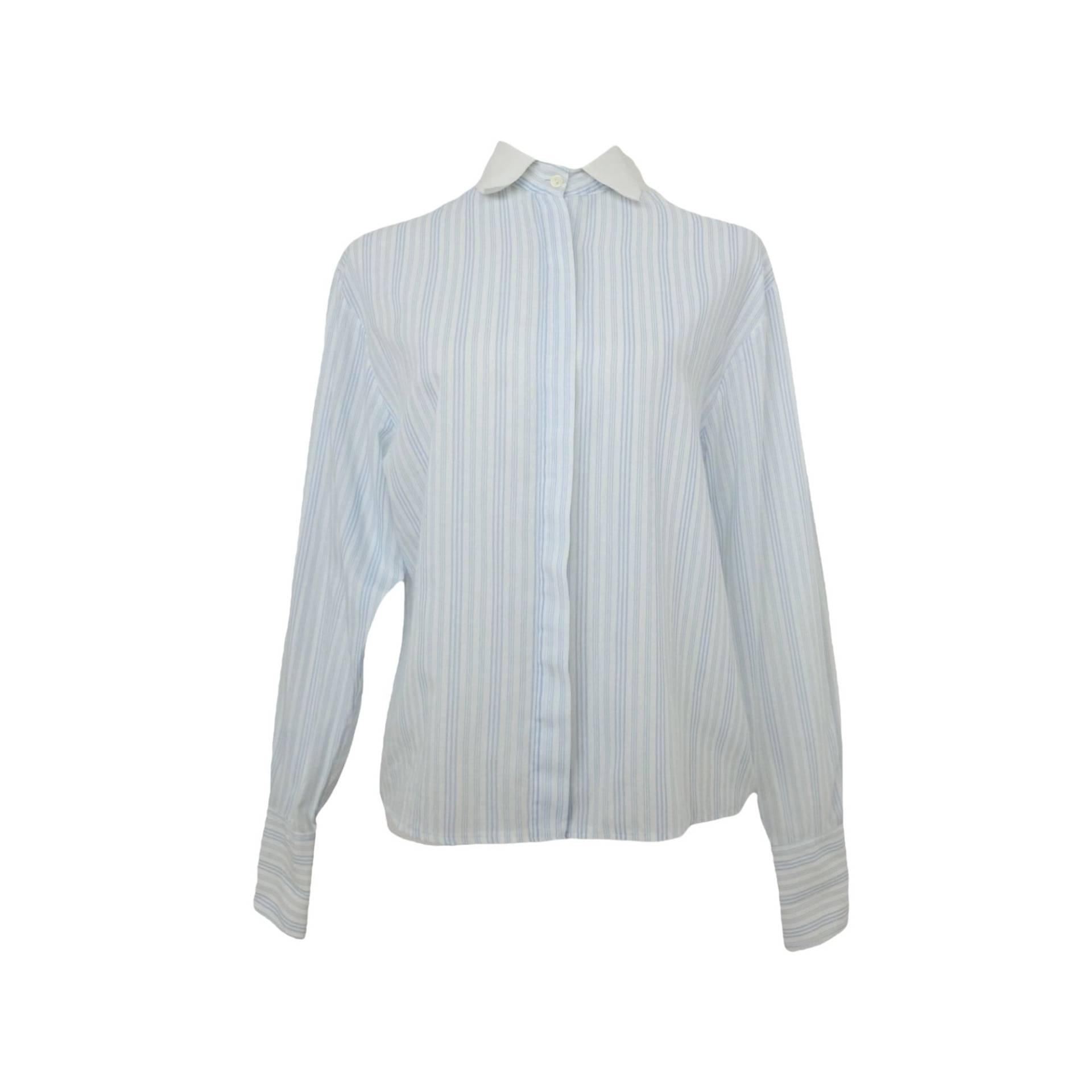 Vintage 90Er Preppy Academia Chic Pastell Blau & Weiß Kragen Leichte Dünne Langarm Button Up Shirt | Damen Größe S von TheeCultivator