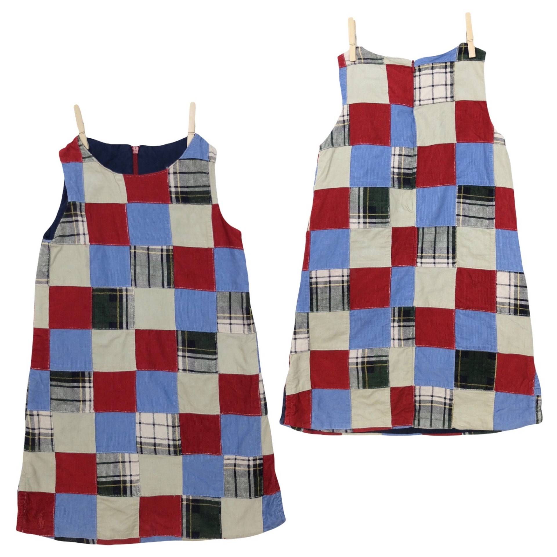 Vintage 90Er Jahre Ralph Lauren Kinder Boho Cord Velour Patchwork Kariertes Colourblocked Ärmelloses Tank-Kleid | Mädchengröße 5 von TheeCultivator