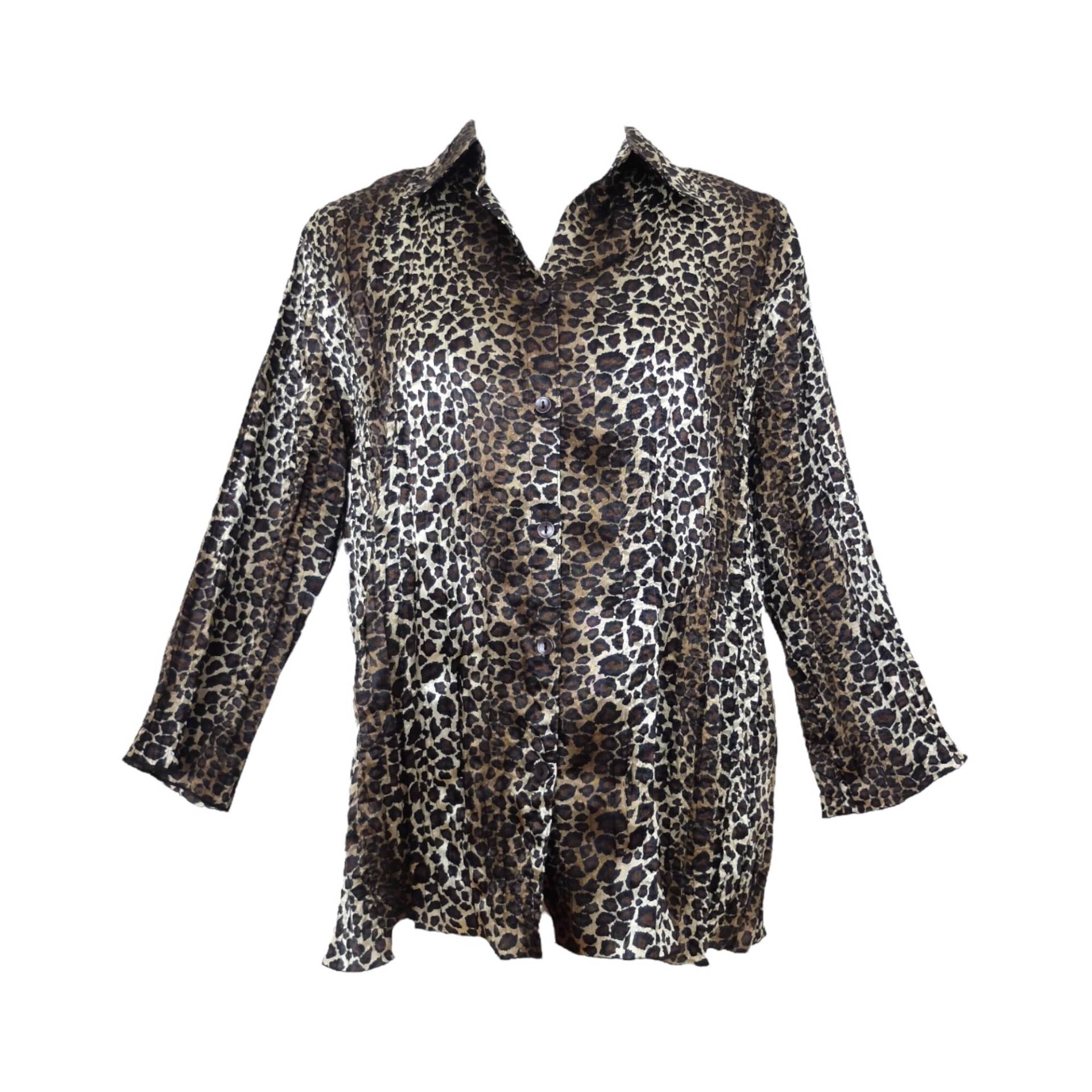 Vintage 90Er Y2K Seidiges Boho Chic Funky Party Gepard Tier Print Braun & Schwarz Kragen Langarm Button Up Shirt | Damen Größe M von TheeCultivator