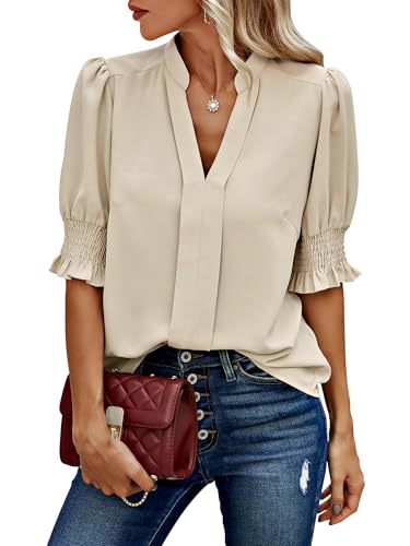 Theenkoln Bluse Damen Elegant V-Ausschnitt Oberteile Kurzarm Tunika Casual Shirt Tops Aprikose XL von Theenkoln