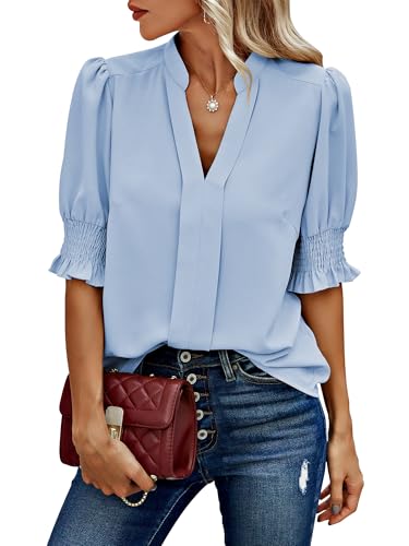 Theenkoln Bluse Damen Elegant V-Ausschnitt Oberteile Kurzarm Tunika Casual Shirt Tops Hellblau M von Theenkoln