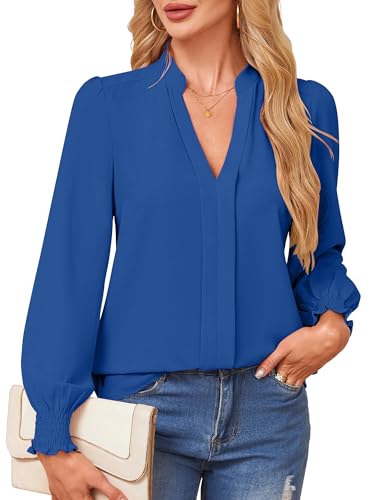 Theenkoln Bluse Damen Elegant V-Ausschnitt Oberteile Langarm Tunika Casual Shirt Tops Blau M von Theenkoln