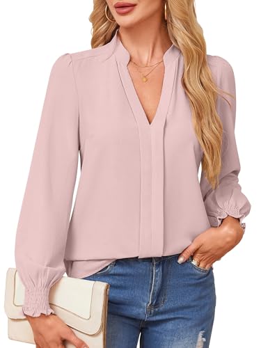 Theenkoln Bluse Damen Elegant V-Ausschnitt Oberteile Langarm Tunika Casual Shirt Tops Rosa L von Theenkoln