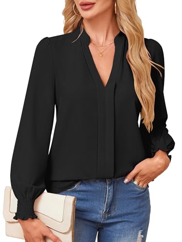 Theenkoln Bluse Damen Elegant V-Ausschnitt Oberteile Langarm Tunika Casual Shirt Tops Schwarz L von Theenkoln