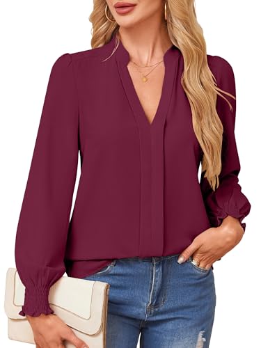 Theenkoln Bluse Damen Elegant V-Ausschnitt Oberteile Langarm Tunika Casual Shirt Tops Weinrot S von Theenkoln