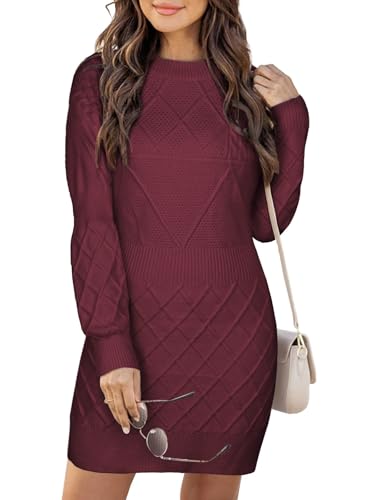 Theenkoln Damen Elegant Winterkleid Pulloverkleid Gerippt Herbstkleid Rundhals Strickkleid Pullikleid Freizeitkleid Weinrot M von Theenkoln