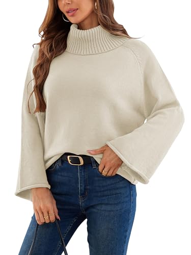 Theenkoln Damen Pullover Herbst Rollkragenpullover: Winter Oversize Strickpullover Outdoor Pullis Lässig Business Tops Warm Jumper Langarm Trompetenärmel Gestrickt Outfit Beige XL von Theenkoln