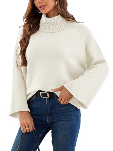 Theenkoln Damen Pullover Herbst Rollkragenpullover: Winter Oversize Strickpullover Outdoor Pullis Lässig Business Tops Warm Jumper Langarm Trompetenärmel Gestrickt Outfit Weiß M von Theenkoln