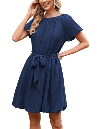 Theenkoln Damen Sommer Minikleid Kurzarm Sommerkleid Puff Ärmel Partykleid Rundhals Strandkleid Lässig A-Linien Kleid mit Taschen und Gürtel Marineblau L von Theenkoln