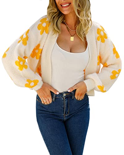 Theenkoln Damen Strickjacke Blumen Winterjacke: Lässig Übergangsjacke Frühling Fleecejacke Herbst Cardigan Herz Steppjacke Gänseblümchen Teddyjacke Langarm Pullover Plüschjacke Beige L von Theenkoln
