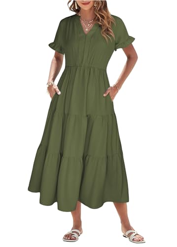 Theenkoln Kleid Damen Sommer Blusenkleid Elegant V-Ausschnitt Kurzarm Sommerkleid Lang Strandkleid Midikleid Freizeitkleider Armeegrün XL von Theenkoln