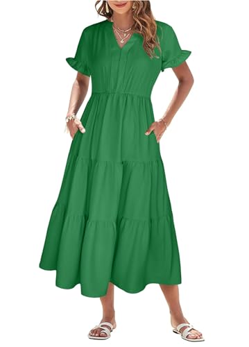 Theenkoln Kleid Damen Sommer Blusenkleid Elegant V-Ausschnitt Kurzarm Sommerkleid Lang Strandkleid Midikleid Freizeitkleider Dunkelgrün S von Theenkoln