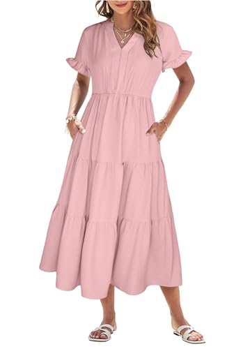 Theenkoln Kleid Damen Sommer Blusenkleid Elegant V-Ausschnitt Kurzarm Sommerkleid Lang Strandkleid Midikleid Freizeitkleider Rosa L von Theenkoln