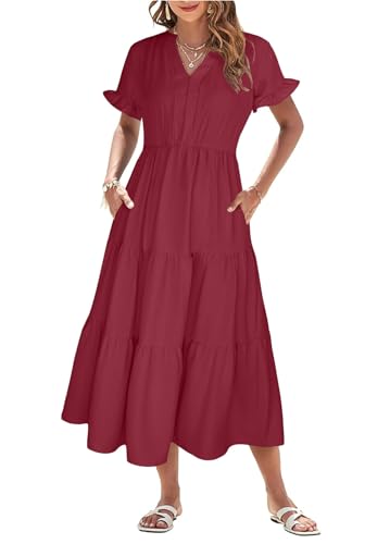 Theenkoln Kleid Damen Sommer Blusenkleid Elegant V-Ausschnitt Kurzarm Sommerkleid Lang Strandkleid Midikleid Freizeitkleider Weinrot S von Theenkoln