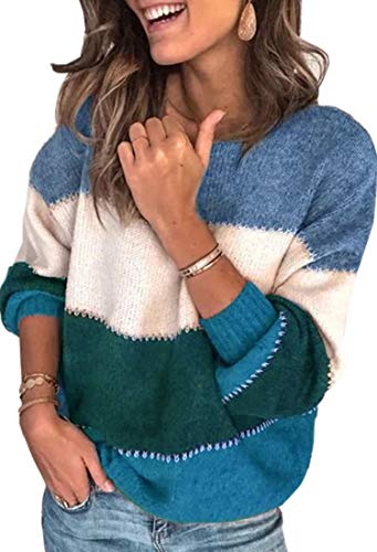 Theenkoln Oversize Pullover Damen Herbst: Winter Gestreift Pulli Mode Strickpullover Warm Elegant Tops Locker Rundhals Jumper Lässige Strickpulli Patchwork Damenpullover Langarm Blau S von Theenkoln