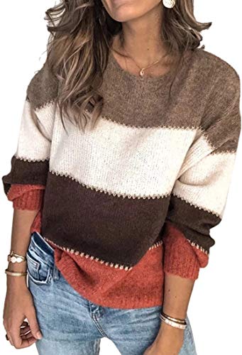 Theenkoln Oversize Pullover Damen Herbst: Winter Gestreift Pulli Mode Strickpullover Warm Elegant Tops Locker Rundhals Jumper Lässige Strickpulli Patchwork Damenpullover Langarm Khaki XS von Theenkoln