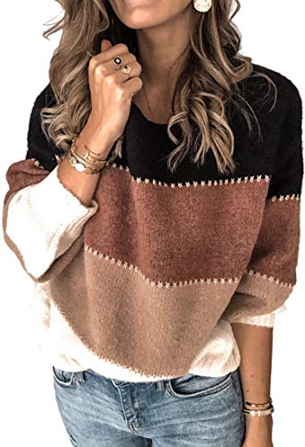 Theenkoln Oversize Pullover Damen Herbst: Winter Gestreift Pulli Mode Strickpullover Warm Elegant Tops Locker Rundhals Jumper Lässige Strickpulli Patchwork Damenpullover Langarm Schwarz L von Theenkoln
