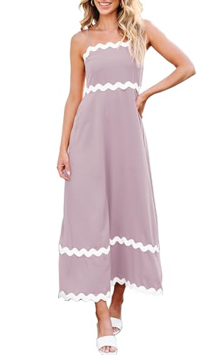 Theenkoln Sommerkleid Damen Lang Elegant Freizeitkleid Sexy Maxikleid Ärmellos Rückenfrei Lässig Strandkleid Ricrac Spaghettiträger Bohokleid Mode Wickelkleid A Linien Kleid 415 Rosa 36 von Theenkoln