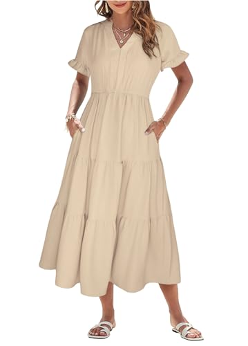 Theenkoln Sommerkleid Damen Lang V-Ausschnitt Kurzarm Strandkleid Einfarbig Rüschen Midikleid Freizeitkleider mit Taschen Aprikose XL von Theenkoln