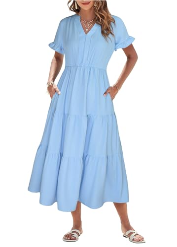 Theenkoln Sommerkleid Damen Lang V-Ausschnitt Kurzarm Strandkleid Rüschen Midikleid Freizeitkleider mit Taschen Himmelblau XL von Theenkoln