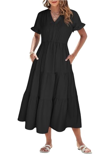 Theenkoln Sommerkleid Damen Lang V-Ausschnitt Kurzarm Strandkleid Rüschen Midikleid Freizeitkleider mit Taschen Schwarz L von Theenkoln