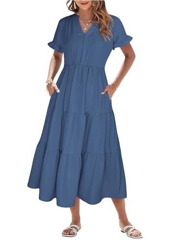 Theenkoln Sommerkleid Tunikakleid Damen V-Ausschnitt Kurzarm Lang Strandkleid Rüschen Midikleid Shirtkleider Hemdkleid Freizeitkleider Graublau M von Theenkoln